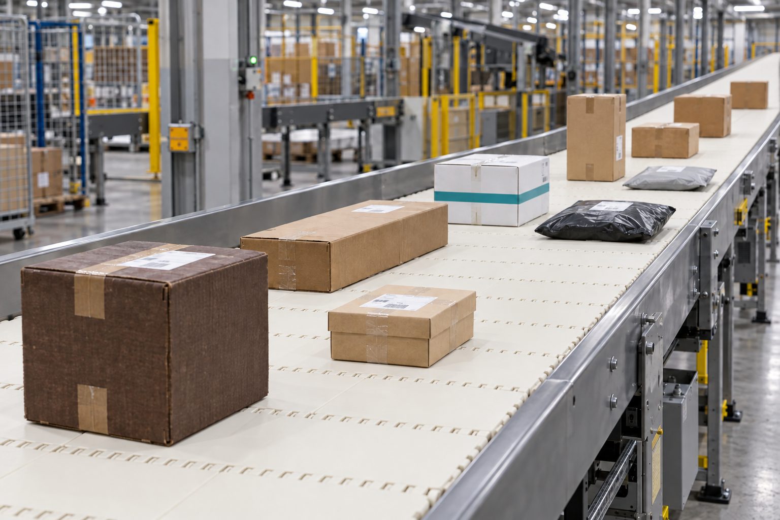 Mixed-size cartons, white boxes and soft courier mailers on a cream flat-top modular conveyor