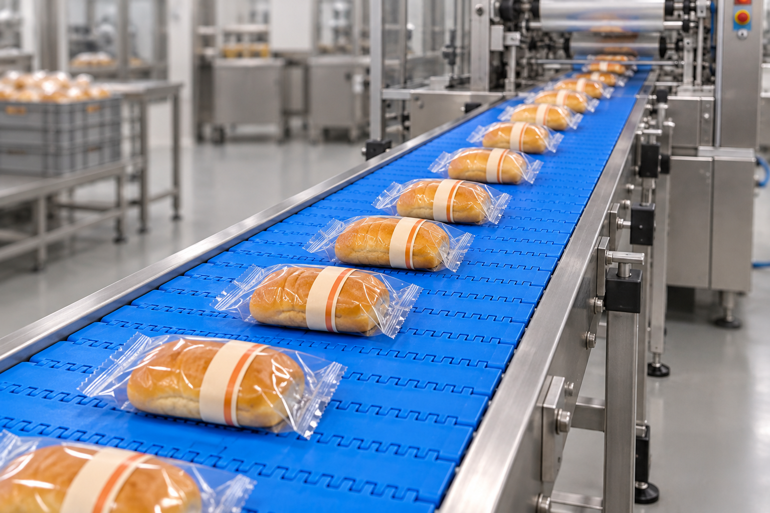 Individually wrapped bread rolls on a blue small-pitch flat-top modular conveyor