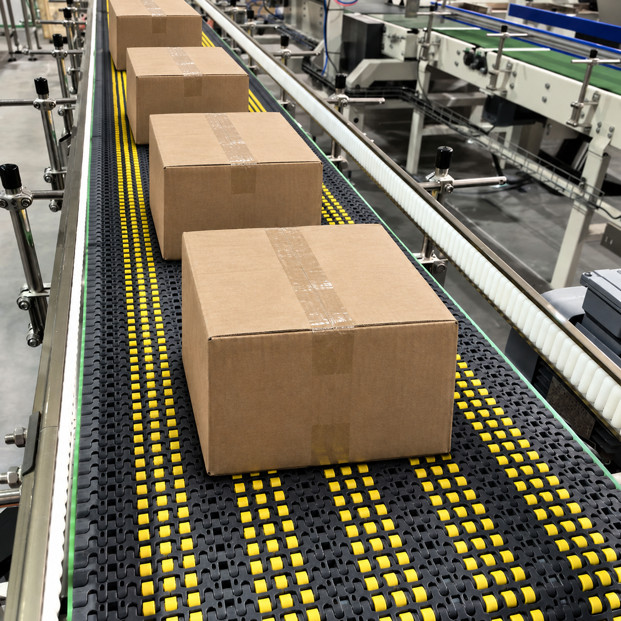 Cartons on a roller-module conveyor