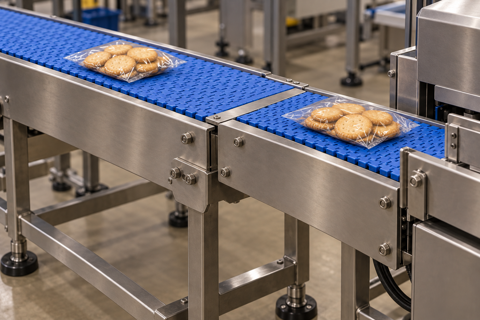 Packaged biscuits transferring between connected conveyor sections