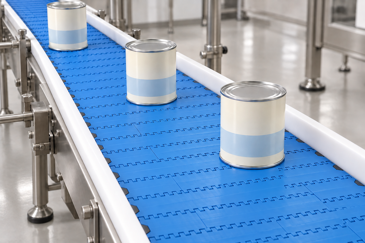 Sealed milk powder cans upright on a modular conveyor