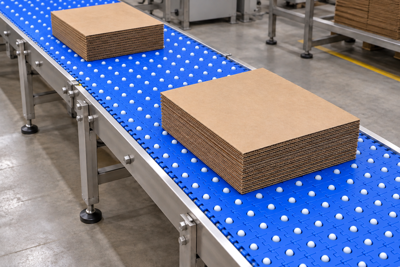 Corrugated sheet stacks on a wide modular belt