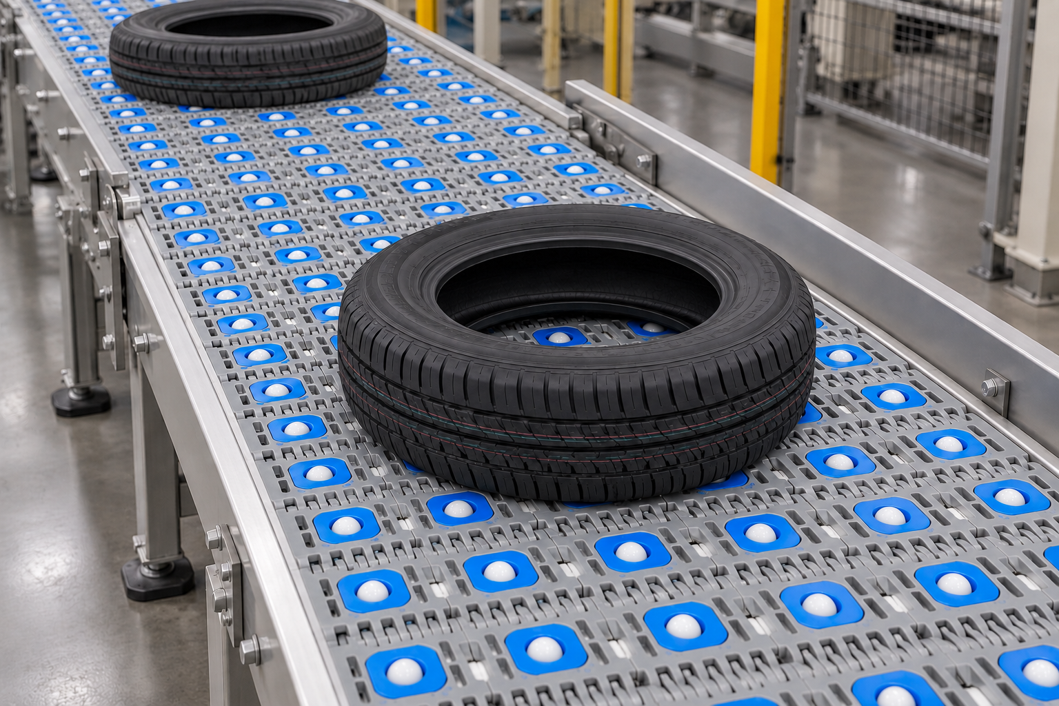 Finished tyres carried flat on a modular belt