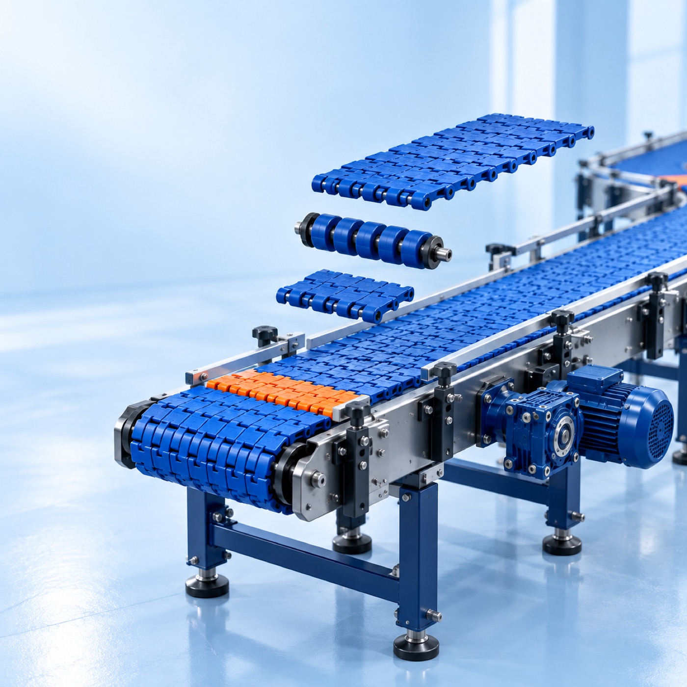 Exploded illustration of blue modular belting and orange roller components