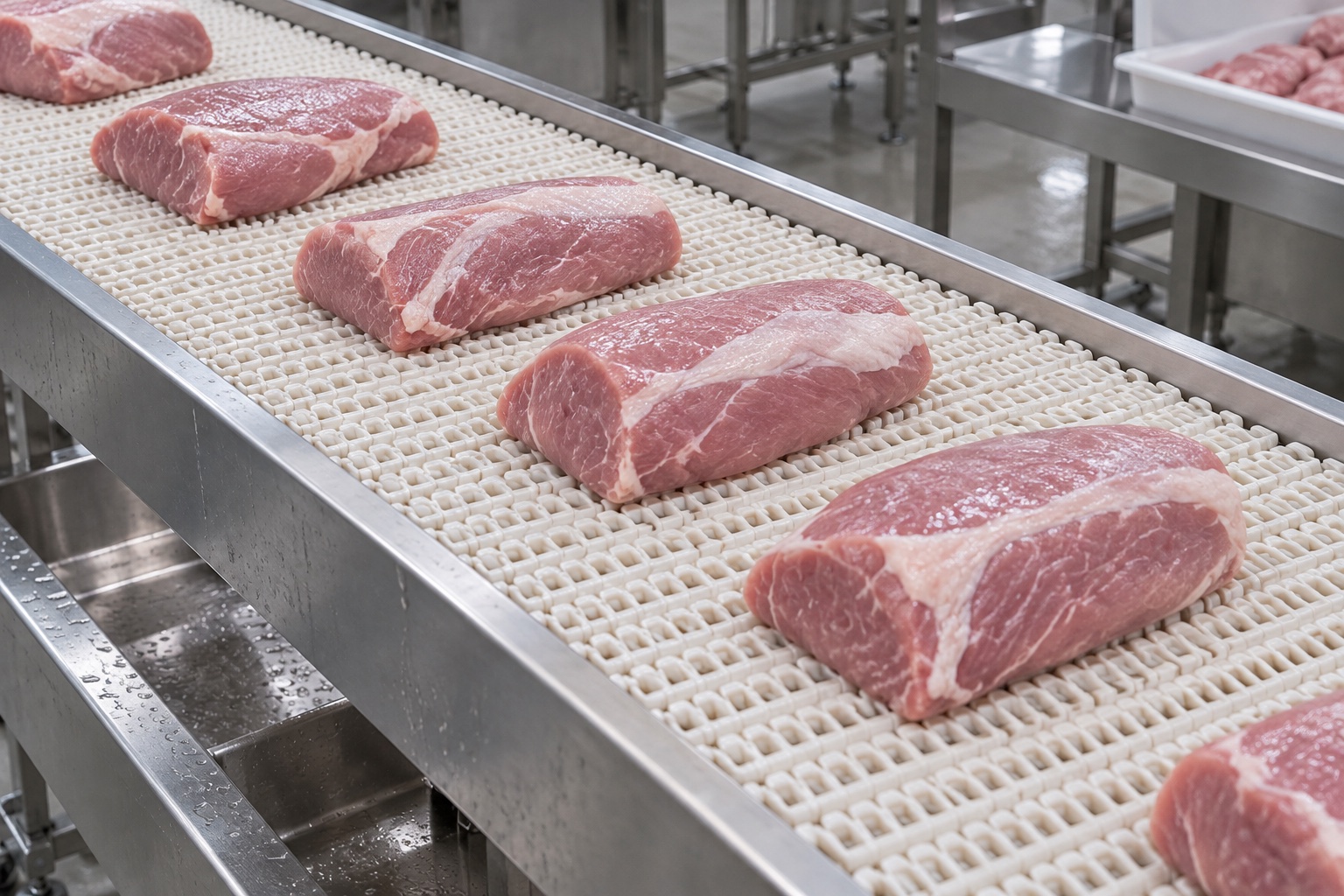 Meat-processing illustration with a CY-15200B small-pitch grid belt