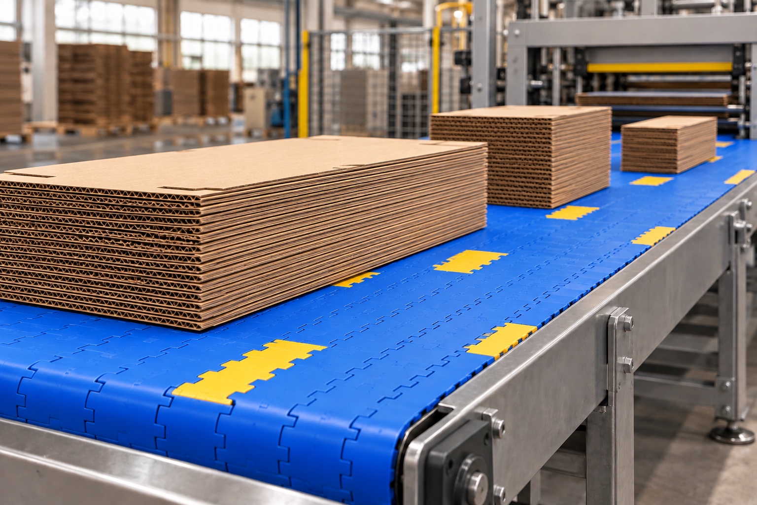 Corrugated-board illustration: stacks of different dimensions on a CY-25409A flat-top belt