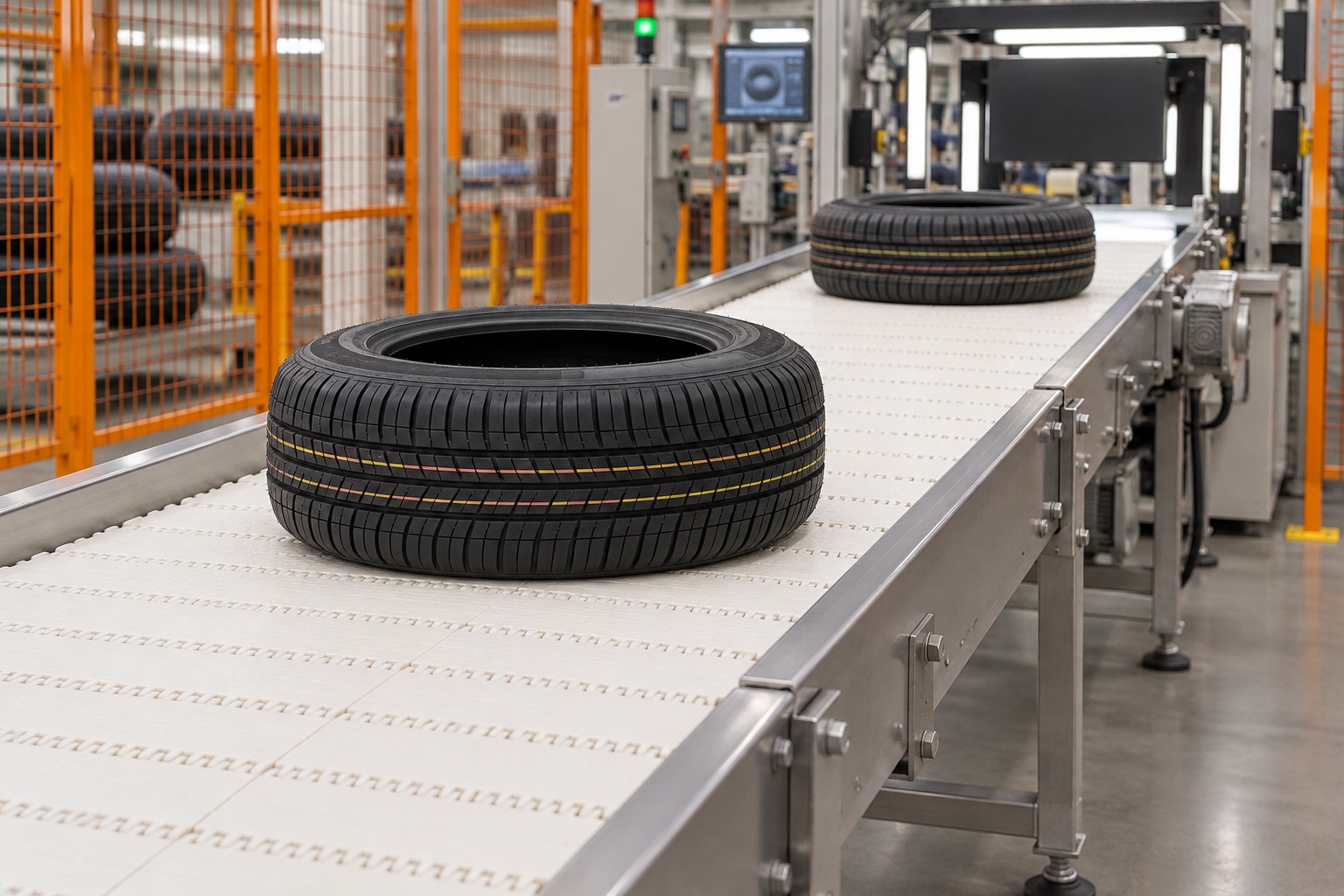 Tyre-conveying illustration with a CY-50801A flat-top belt